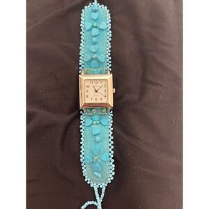 Geneva Womens Turquoise Beaded Leather Cuff Watch Square Silver Tone Japan Movt